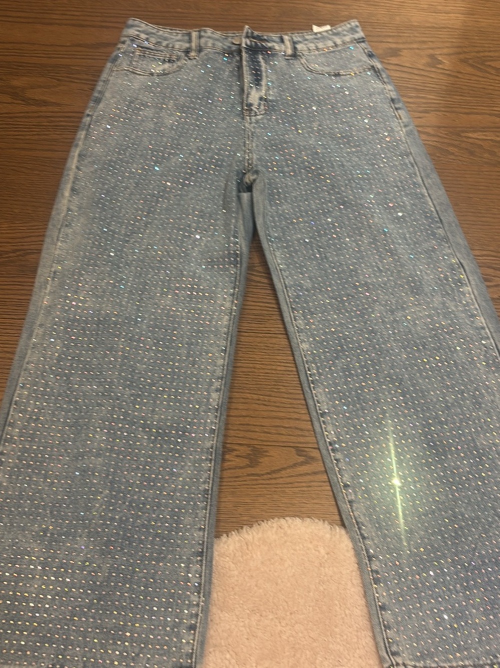 SHEIN Light Blue Rhinestone-Embellished Straight Leg Jeans